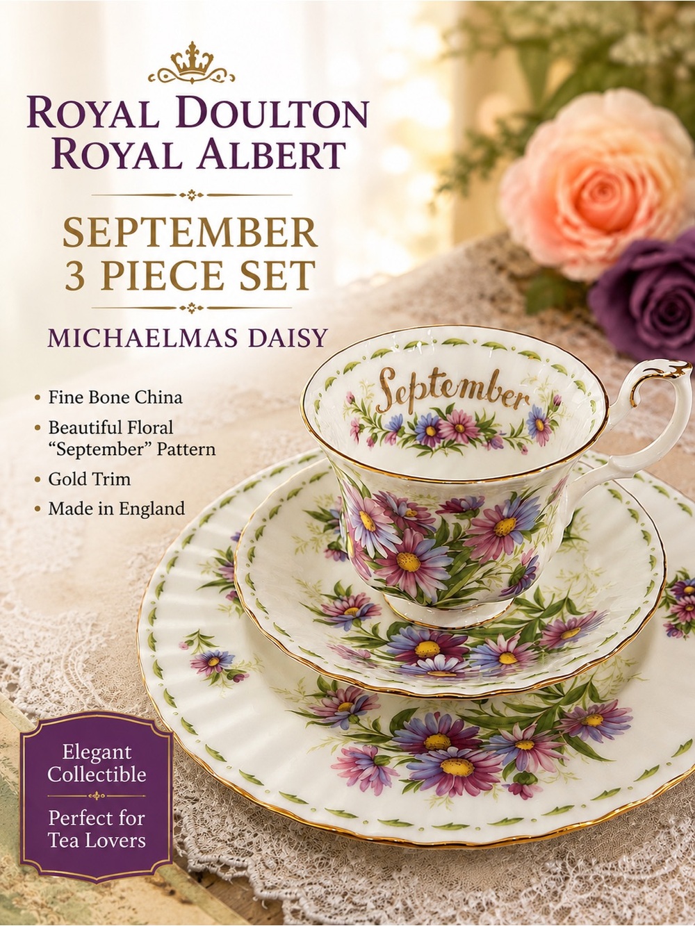 Royal Albert “September ”Michaelmas Daisy” | Flower of the Month 3-Piece Tea Set